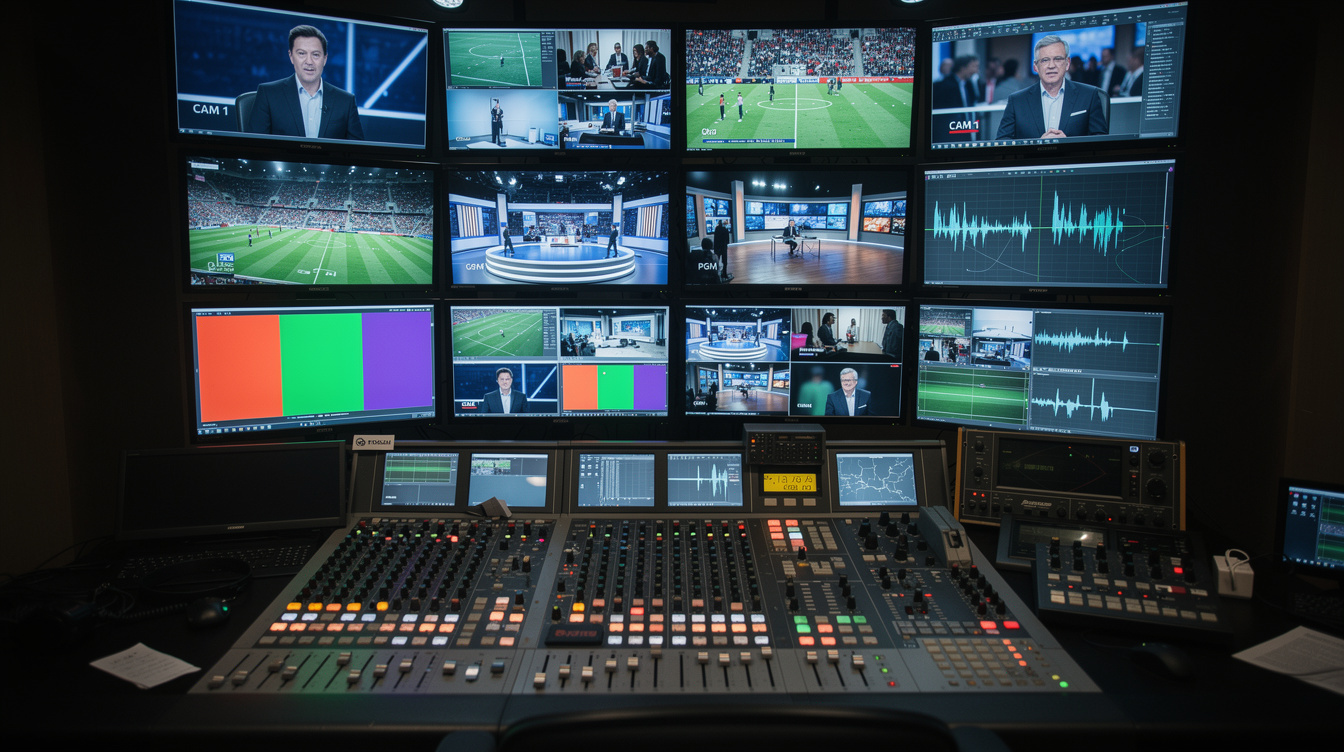 Live broadcast desk with multiple monitors showing footage