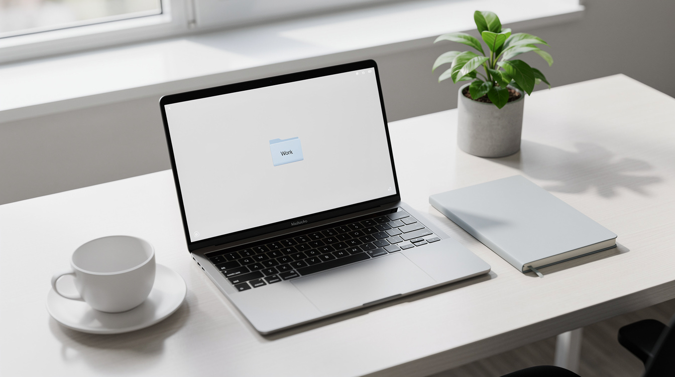 Bright modern office desk with a laptop and notebook