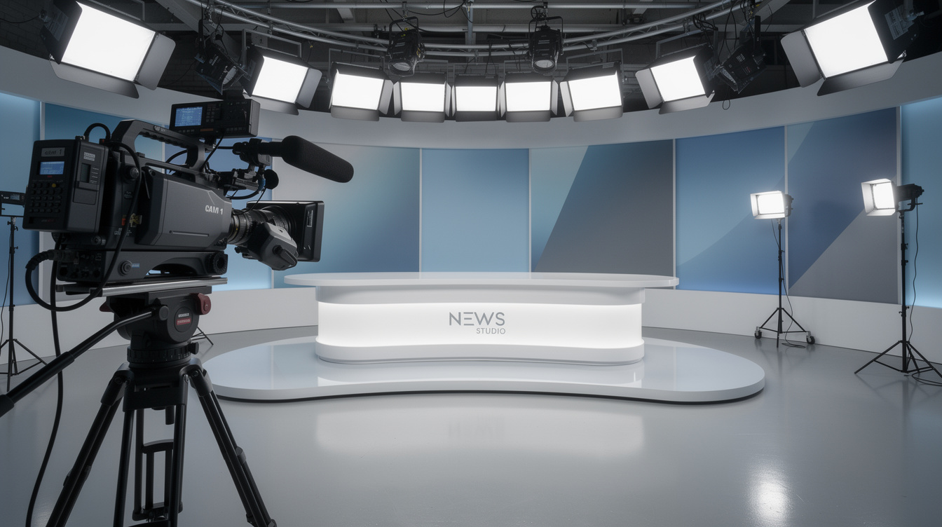 Professional studio camera and lighting rig set up for a broadcast