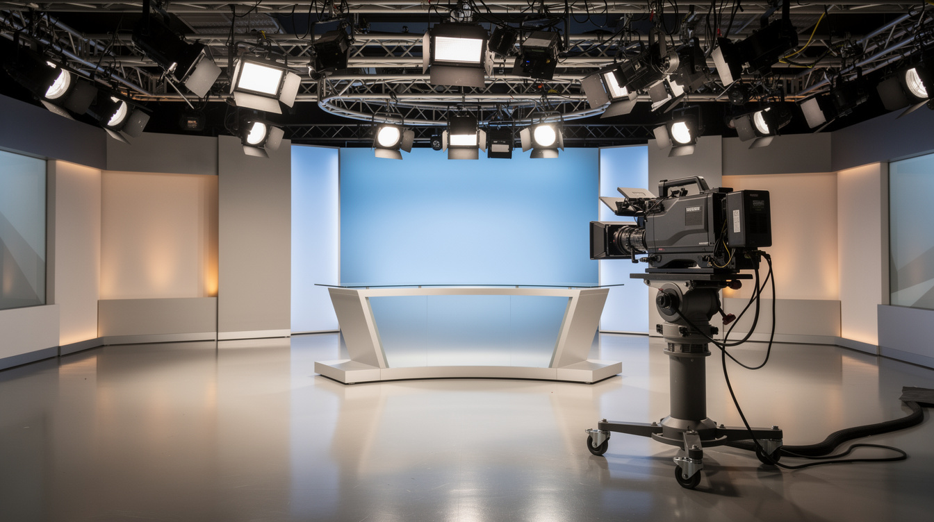 Television studio interior with camera and overhead lights