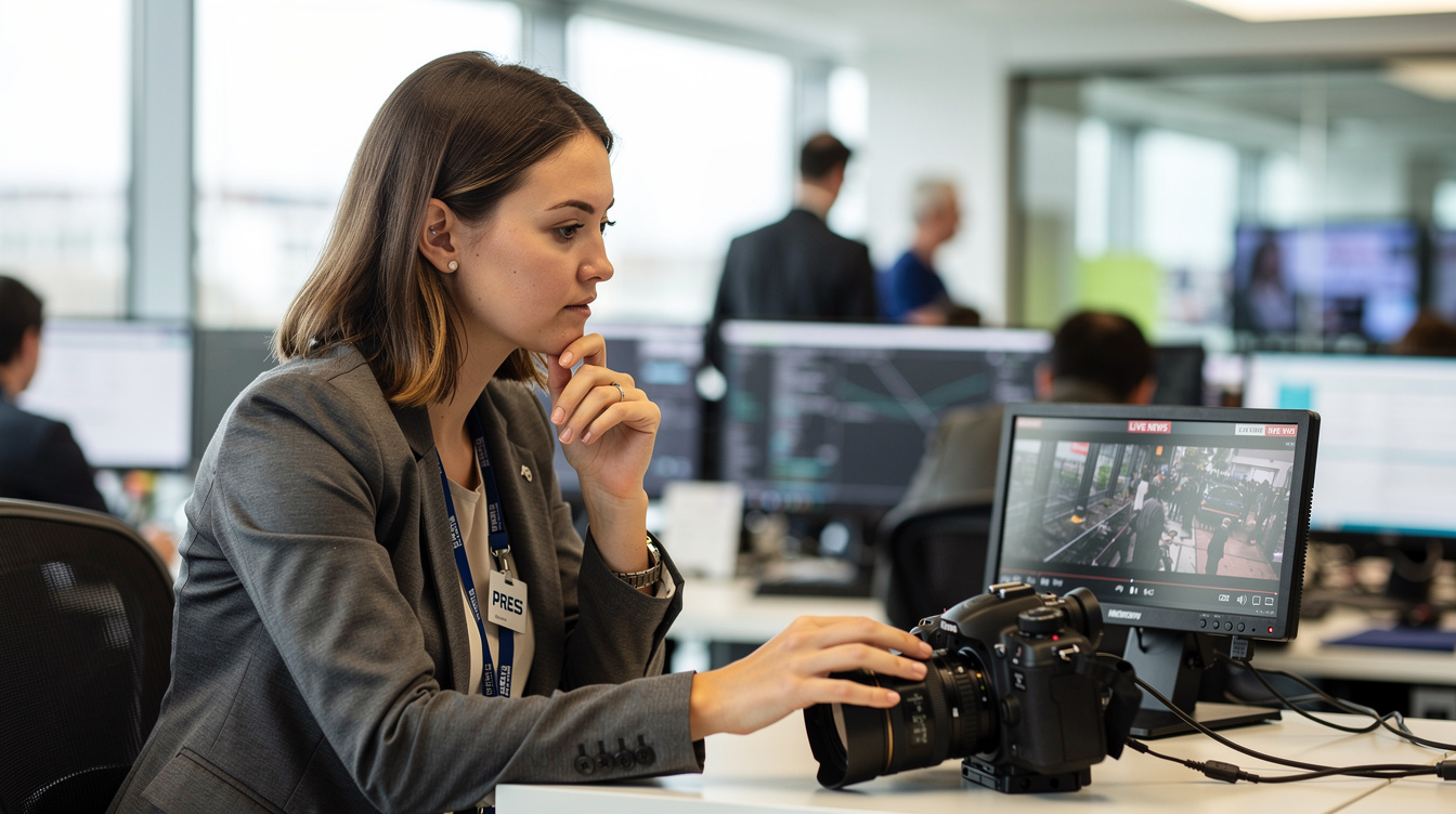 Journalist reviewing footage on a camera monitor in a busy newsroom