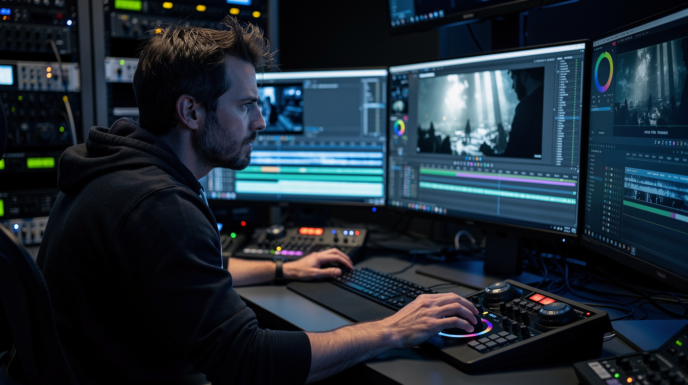 Editor colour-grading footage at night in a dark control room