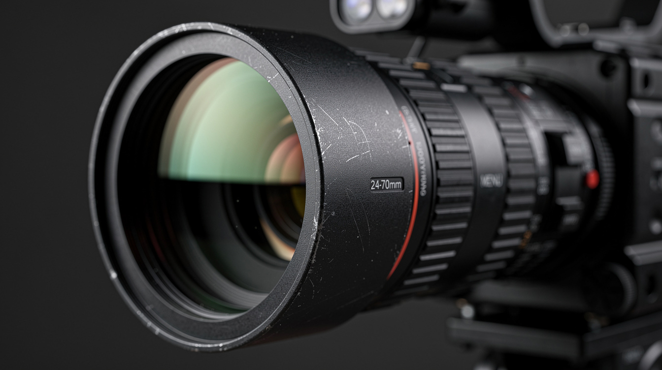Close-up of a professional broadcast camera lens