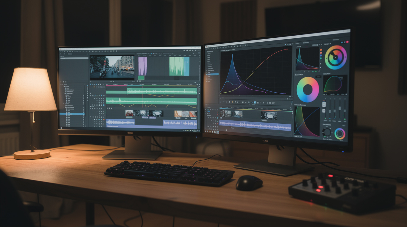 Editing suite with dual monitors displaying video timelines
